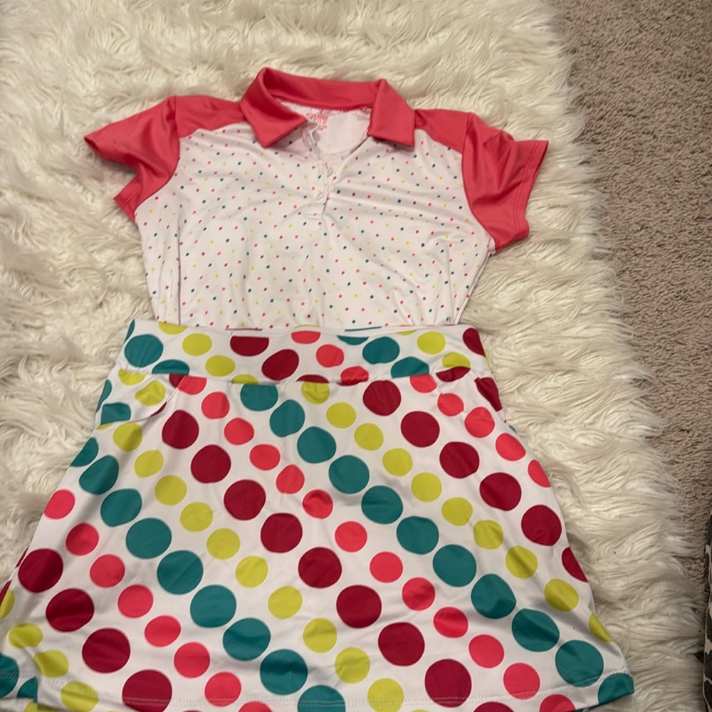 Garb golf set, polka dot skirt size teen and pink dotted top size youth XL